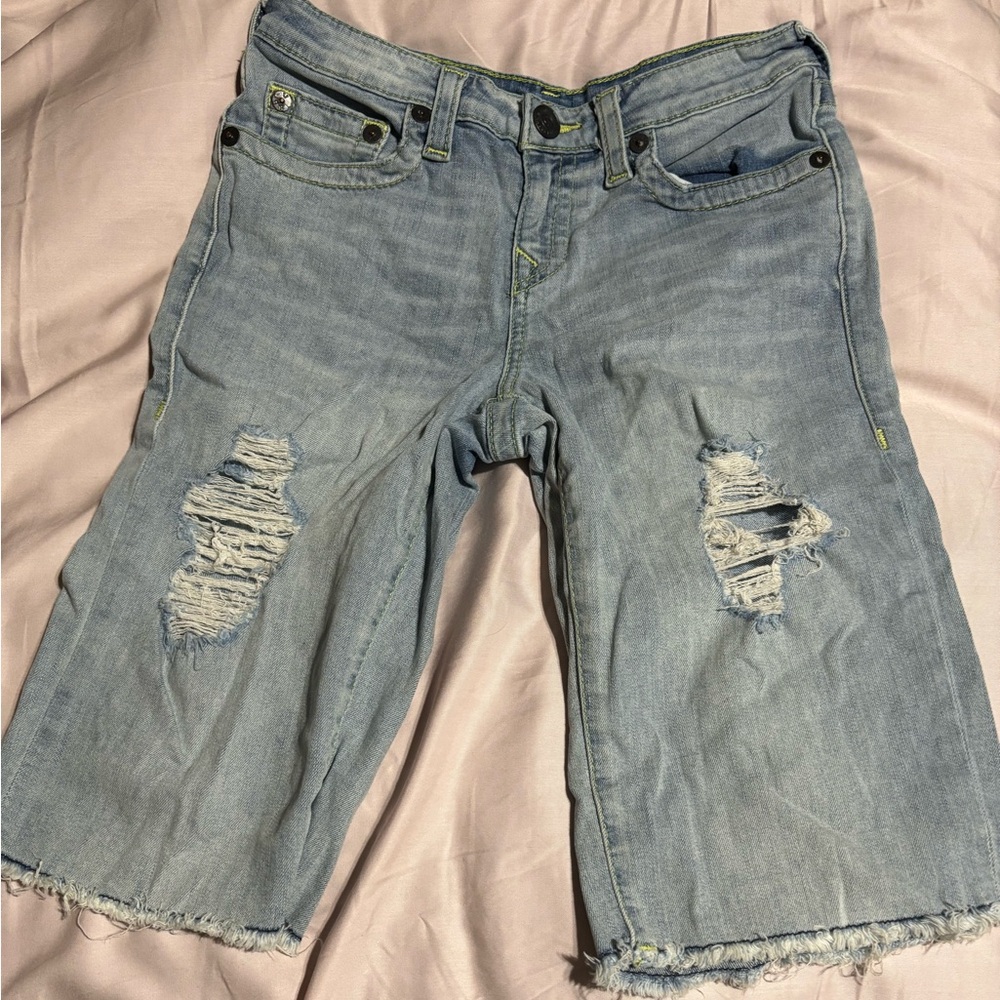 true religion blue ripped jean shorts